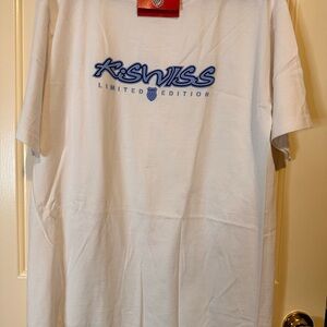 K-Swiss White Short Sleeve Tee with Blue Logo